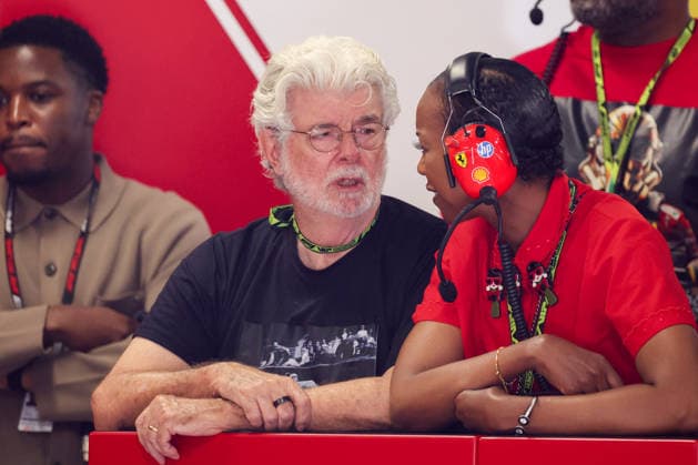 July 25, 2026, Budapest, Hungary: Film director George Lucas and his wife Mellody Louise Hobson Lucas are seen in a garage of Lewis Hamilton of Ferrari prior to the qualifying session ahead Formula 1 Hungarian Grand Prix at the Hungaroring circuit in Mogyorod near Budapest on July 25th, 2026. F1 2026: Hungarian Grand Prix  - ZUMAz156 0862646926st Copyright: xBeataxZawrzelx