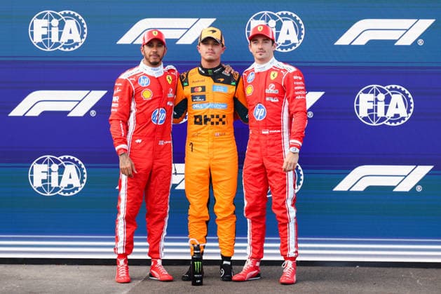 July 25, 2026, Budapest, Hungary: Lando Norris of McLaren, Lewis Hamilton of Ferrari and Charles Leclerc of Ferrari pose for a picture after qualifying ahead Formula 1 Hungarian Grand Prix at the Hungaroring circuit in Mogyorod near Budapest on July 25th, 2026. F1 2026: Hungarian Grand Prix  - ZUMAz156 0862649466st Copyright: xBeataxZawrzelx