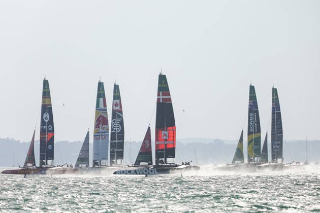 RECORD DATE NOT STATED 25th July 2026; Southsea Common, Portsmouth, Hampshire, England; Emirates Sail Great Britain Grand Prix, Day One; The SailGP F50 catamaran fleet cross the start-line HenningxvonxJagow