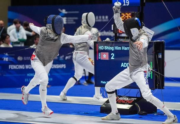 RECORD DATE NOT STATED Hong Kong s Harris HO Shing-Him (L) in action against India s Aditya ADITYA in Men s Foil Preliminary DE of Kerry Fencing World Championships Hong Kong held at Asia World Expo. 22JUL26 SCMP Elson Li Hong Kong China EDITORIAL USE ONLY  Copyright: xx 20260722981b3626 ElsonxLix 0862648550st