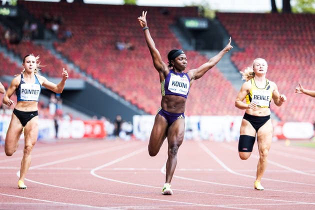 Swiss Athletics Championships, 25.07.2026 ZURICH, SWITZERLAND - JULY 25: Natacha Kouni (LC Zuerich) reacts after her win in the semi final of the womens 100 m at the Swiss Athletics Championships on July 25, 2026 in Zurich, Switzerland. *** Swiss Athletics Championships, July 25, 2026, ZURICH, SWITZERLAND JULY 25 Natacha Kouni of LC Zurich reacts after her win in the semifinals of the women’s 100-meter dash at the Swiss Athletics Championships on July 25, 2026, in Zurich, Switzerland Copyright: xBEAUTIFULxSPORTS UlfxSchillerx