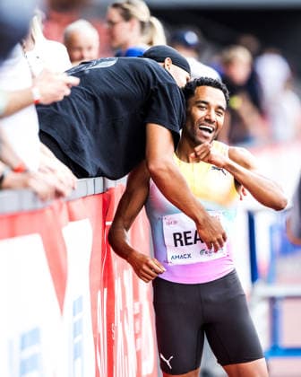 Swiss Athletics Championships, 25.07.2026 ZURICH, SWITZERLAND - JULY 25: William Jeff Reais (LC Zuerich), right, celebrates with Jason Joseph (LC Therwil), left, after winning the 100 m at the Swiss Athletics Championships on July 25, 2026 in Zurich, Switzerland. *** Swiss Athletics Championships, July 25, 2026, ZURICH, SWITZERLAND JULY 25 William Jeff Reais of LC Zurich, right, celebrates with Jason Joseph of LC Therwil, left, after winning the 100-meter dash at the Swiss Athletics Championships on July 25, 2026, in Zurich, Switzerland Copyright: xBEAUTIFULxSPORTS UlfxSchillerx