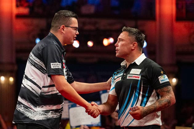 RECORD DATE NOT STATED 25th July 2026, Winter Gardens, Blackpool, Lancashire, England; 2026 Betfred World Matchplay Darts, Day Eight; Gian van Veen shakes hands with his opponent Gerwyn Price before their semi final match GodfreyxPitt