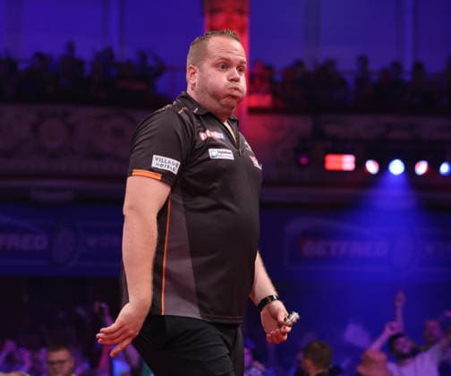 World Matchplay Darts 2026 Dirk van Duijvenbode during the World Matchplay darts at Winter Gardens, Blackpool, UK on 25 July 2026. Blackpool Winter Gardens UK Editorial use only , Copyright: xChrisxSargeantx PSI-24531-0042