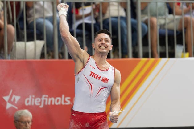 Deutsche Meisterschaften im Gerätturnen 2026, Gerätfinals Andreas Toba (Turn-Klubb zu Hannover) jubelt nach seiner Übung im Gerätfinale an den Ringen. Deutsche Meisterschaften im Gerätturnen, Gerätfinals, am 25. Juli 2026 in der ZAG-Arena in Hannover., Hannover Niedersachsen Deutschland ZAG Arena *** 2026 German Artistic Gymnastics Championships, Apparatus Finals: Andreas Toba of Turn Klubb zu Hannover celebrates after his routine in the rings apparatus final at the German Artistic Gymnastics Championships, Apparatus Finals, on July 25, 2026, at the ZAG Arena in Hanover, Hanover, Lower Saxony, Germany, ZAG Arena