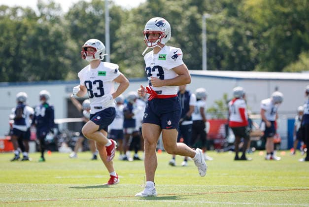 July 25, 2026; Foxborough, MA, USA; New England Patriots wide receiver Nick DeGennaro (23) warms up during Patriots training camp at Gillette Stadium. CSM Foxborough United States - ZUMAc04_ 20260725_zma_c04_103 Copyright: xAnthonyxNesmithx