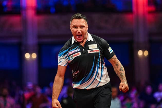 RECORD DATE NOT STATED 25th July 2026, Winter Gardens, Blackpool, Lancashire, England; 2026 Betfred World Matchplay Darts, Day Eight; Gerwyn Price celebrates winning his semi final match against Gian van Veen GodfreyxPitt