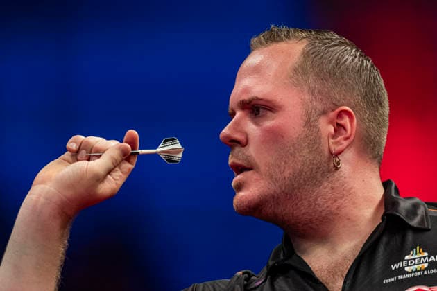 RECORD DATE NOT STATED 25th July 2026, Winter Gardens, Blackpool, Lancashire, England; 2026 Betfred World Matchplay Darts, Day Eight; Dirk van Duijvenbode in action on the oche in his semi final match against Luke Littler GodfreyxPitt