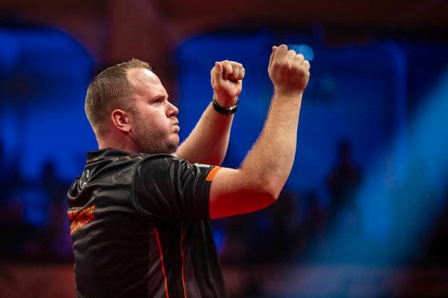 RECORD DATE NOT STATED 25th July 2026, Winter Gardens, Blackpool, Lancashire, England; 2026 Betfred World Matchplay Darts, Day Eight; Dirk van Duijvenbode dances on stage before his semi final match against Luke Littler GodfreyxPitt