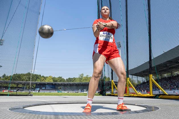 Deutsche Leichtathletik-Meisterschaften; Bochum-Wattenscheid, 25.07.2026 Yasmin Sophie Amaseh (LG Nord Berlin), Hammerwurf; Deutsche Leichtathletik-Meisterschaften am 25.07.2026 im Lorheide-Stadion, Bochum-Wattenscheid (Nordrhein-Westfalen). *** German Track and Field Championships, Bochum-Wattenscheid, July 25, 2026; Yasmin Sophie Amaseh, LG Nord Berlin, hammer throw; German Track and Field Championships on July 25, 2026, at Lorheide Stadium, Bochum-Wattenscheid, North Rhine-Westphalia Copyright: xBEAUTIFULxSPORTS AxelxKohringx