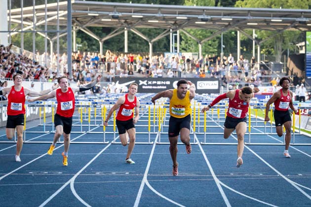 Deutsche Leichtathletik-Meisterschaften; Bochum-Wattenscheid, 25.07.2026 Deutscher Meister über 110m Hürden Gregory Minoue (Tracksrunner Bonn); Deutsche Leichtathletik-Meisterschaften am 25.07.2026 im Lorheide-Stadion, Bochum-Wattenscheid (Nordrhein-Westfalen). *** German Track and Field Championships, Bochum Wattenscheid, July 25, 2026; German Champion in the 110-meter hurdles: Gregory Minoue, Tracksrunner Bonn; German Track and Field Championships on July 25, 2026, at Lorheide Stadium, Bochum-Wattenscheid, North Rhine-Westphalia Copyright: xBEAUTIFULxSPORTS LeahxKohringx