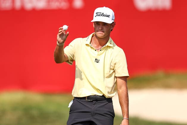 Jackson Koivun of the United States reacts to sinking his putt for eagle and the lead on the 18th green during the third round of the 2026 3M Open at TPC Twin Cities on July 25, 2026 in Blaine, Minnesota. CSM Blaine USA - ZUMAc04_ 20260725_zma_c04_239 Copyright: xStevenxGarciax