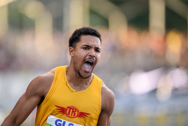 Jubel Sieger MINOUE Gregory. Finale 110m Hürden, am 25.07.2026 Leichtathletik Deutschen Meisterschaften vom 25.07.- 26.07.2026 in Bochum-Wattenscheid Deutschland. Lohrheidestadion *** Celebrating the victory of Gregory MINOUE in the 110-meter hurdles final on July 25, 2026, at the German Track and Field Championships held from July 25 to July 26, 2026, in Bochum-Wattenscheid, Germany, at Lohrheidestadion