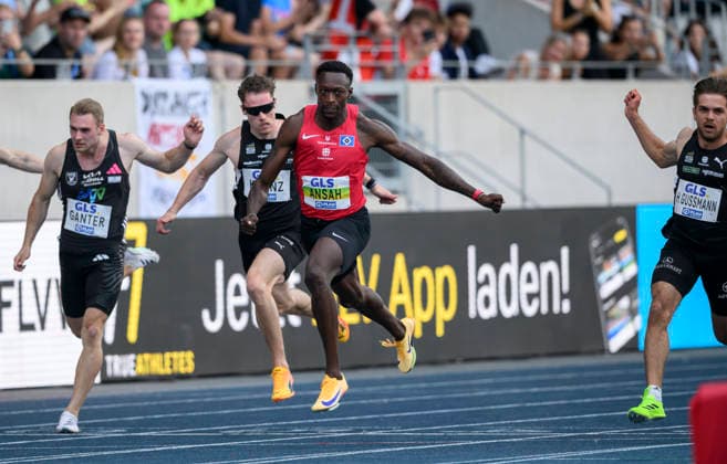 (r-l) GUSSMANN Heiko (2.Platz), Sieger ANSAH Owen (1.Platz), KRANZ Kevin (3.Platz), GANTER Robin (4.Platz), Aktion, Zieleinlauf, Finale 100m der Männer, am 25.07.2026 Leichtathletik Deutschen Meisterschaften vom 25.07.- 26.07.2026 in Bochum-Wattenscheid Deutschland. Lohrheidestadion *** r l GUSSMANN Heiko 2nd place, winner ANSAH Owen 1st place, KRANZ Kevin 3rd place, Robin GANTER, 4th place; action, finish line, men’s 100m final on July 25, 2026, at the German Track and Field Championships held from July 25–26, 2026, in Bochum-Wattenscheid, Germany, at Lohrheidestadion