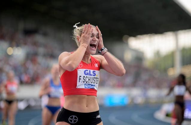 Jubel Siegerin SCHUSTER Franziska. Finale 100m Hürden, am 25.07.2026 Leichtathletik Deutschen Meisterschaften vom 25.07.- 26.07.2026 in Bochum-Wattenscheid Deutschland. Lohrheidestadion *** Celebrating the winner, Franziska SCHUSTER, in the 100-meter hurdles final on July 25, 2026, at the German Track and Field Championships held from July 25 to July 26, 2026, in Bochum-Wattenscheid, Germany, at Lohrheidestadion