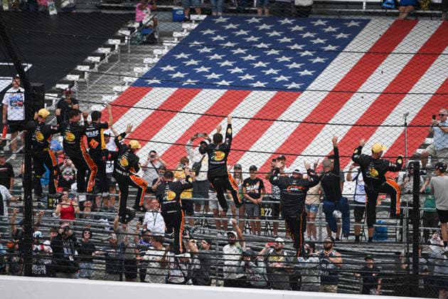 INDIANAPOLIS, IN - JULY 25: Crew members of the Carson Kvapil ( 1 JR Motorsports Wilde Protein Crackers Chevrolet) climb the wall after winning the NASCAR, Motorsport, USA OÕReilly Auto Parts Series Pennzoil 250 on July 25, 2026, at Indianapolis Motor Speedway in Indianapolis, Indiana. (Photo by Michael Allio Icon Sportswire) AUTO: JUL 25 NASCAR OÕReilly Auto Parts Series Pennzoil 250 EDITORIAL USE ONLY Icon116260725016250