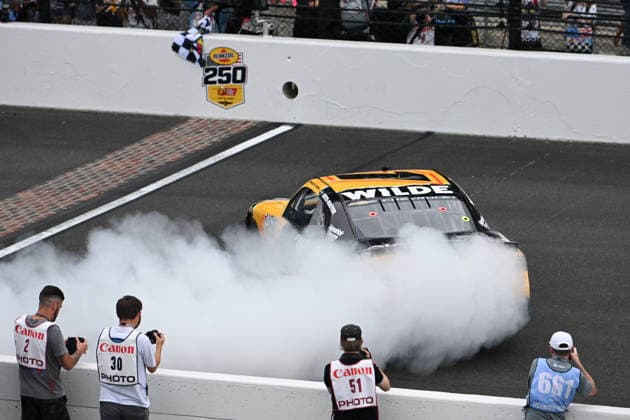 INDIANAPOLIS, IN - JULY 25: Carson Kvapil ( 1 JR Motorsports Wilde Protein Crackers Chevrolet) does a burnout after winning the NASCAR, Motorsport, USA OÕReilly Auto Parts Series Pennzoil 250 on July 25, 2026, at Indianapolis Motor Speedway in Indianapolis, Indiana. (Photo by Michael Allio Icon Sportswire) AUTO: JUL 25 NASCAR OÕReilly Auto Parts Series Pennzoil 250 EDITORIAL USE ONLY Icon116260725020250
