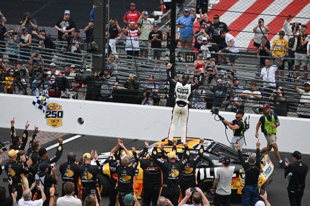 INDIANAPOLIS, IN - JULY 25: Carson Kvapil ( 1 JR Motorsports Wilde Protein Crackers Chevrolet) celebrates after winning the NASCAR, Motorsport, USA OÕReilly Auto Parts Series Pennzoil 250 on July 25, 2026, at Indianapolis Motor Speedway in Indianapolis, Indiana. (Photo by Michael Allio Icon Sportswire) AUTO: JUL 25 NASCAR OÕReilly Auto Parts Series Pennzoil 250 EDITORIAL USE ONLY Icon116260725021250