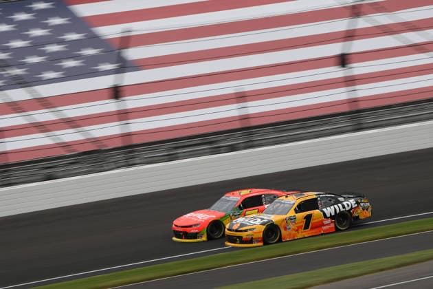 INDIANAPOLIS, IN - JULY 25: Carson Kvapil ( 1 JR Motorsports Wilde Protein Crackers Chevrolet) races inside of Justin Allgaier ( 7 JR Motorsports BRANDT Professional Agriculture Chevrolet) in turn two during the NASCAR, Motorsport, USA OÕReilly Auto Parts Series Pennzoil 250 on July 25, 2026, at Indianapolis Motor Speedway in Indianapolis, Indiana. (Photo by Michael Allio Icon Sportswire) AUTO: JUL 25 NASCAR OÕReilly Auto Parts Series Pennzoil 250 EDITORIAL USE ONLY Icon116260725025250