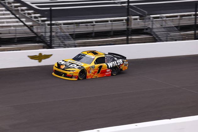 INDIANAPOLIS, IN - JULY 25: Carson Kvapil (1) JR Motorsports (JRM) Chevrolet SS goes into turn one during the NASCAR, Motorsport, USA OÕReilly Auto Parts Series Pennzoil 250 on July 25, 2026 at Indianapolis Motor Speedway in Indianapolis, IN.(Photo by Jeffrey Brown Icon Sportswire) AUTO: JUL 25 NASCAR OÕReilly Auto Parts Series Pennzoil 250 EDITORIAL USE ONLY Icon072526005250