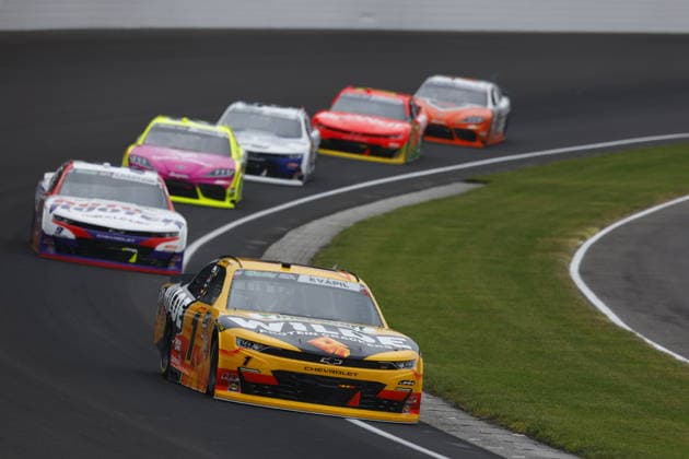 INDIANAPOLIS, IN - JULY 25: Carson Kvapil (1) JR Motorsports (JRM) Chevrolet SS comes out of turn one during the NASCAR, Motorsport, USA O™Reilly Auto Parts Series Pennzoil 250 on July 25, 2026 at Indianapolis Motor Speedway in Indianapolis, IN.(Photo by Jeffrey Brown Icon Sportswire) AUTO: JUL 25 NASCAR O™Reilly Auto Parts Series Pennzoil 250 EDITORIAL USE ONLY Icon072526009250