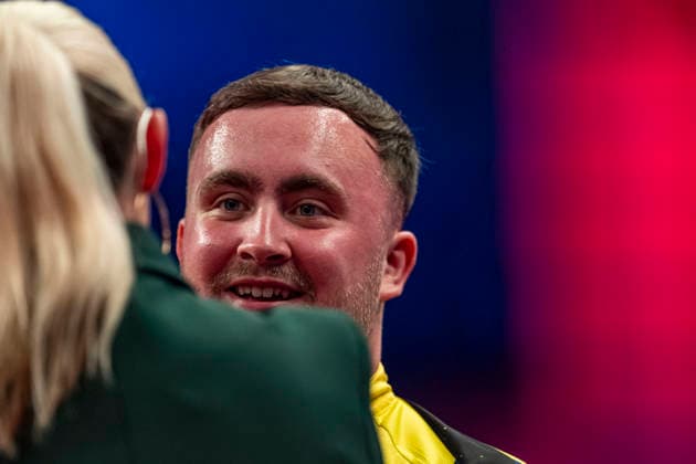 RECORD DATE NOT STATED 25th July 2026, Winter Gardens, Blackpool, Lancashire, England; 2026 Betfred World Matchplay Darts, Day Eight; Luke Littler is interviewed by Sky Sports presenter Polly James after winning his semi final match against Dirk van Duijvenbode GodfreyxPitt