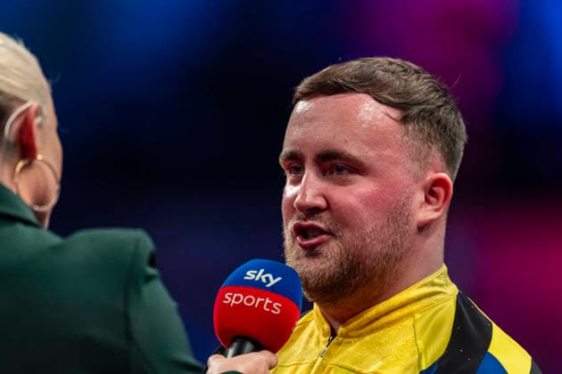 RECORD DATE NOT STATED 25th July 2026, Winter Gardens, Blackpool, Lancashire, England; 2026 Betfred World Matchplay Darts, Day Eight; Luke Littler is interviewed by Sky Sports presenter Polly James after winning his semi final match against Dirk van Duijvenbode GodfreyxPitt