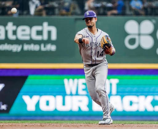 Colorado Rockies shortstop Ezequiel Tovar throws out Milwaukee Brewers designated hitter Christian Yelich on a ground ball in the third inning of the MLB, Baseball Herren, USA game between the Colorado Rockies and the Milwaukee Brewers at American Family Field in Milwaukee, Wisconsin on Saturday July 25, 2026.  MIL20260725808 TANNENxMAURY
