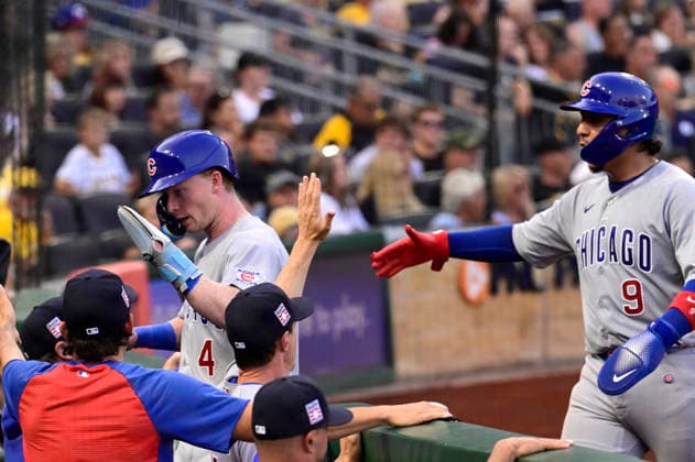 Cubs Chicago Cubs center fielder Pete Crow-Armstrong (4) and Chicago Cubs catcher Miguel Amaya (9) celebrates scoring in the fifth inning against the Pittsburgh Pirates inning at PNC Park on Saturday, July 25, 2026 in Pittsburgh.  PIT2026072509 ArchiexCarpenter
