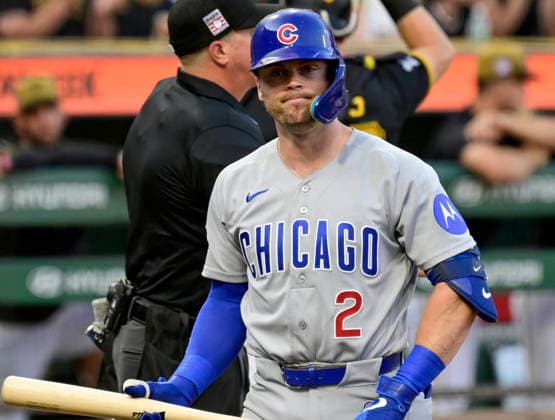 Chicago Cubs second baseman Nico Hoerner (2) reacts after striking out to end the fourth inning against the Pittsburgh Pirates inning at PNC Park on Saturday, July 25, 2026 in Pittsburgh.  PIT2026072510 ArchiexCarpenter