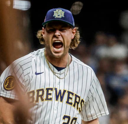 Milwaukee Brewers relief pitcher Trevor Megill reacts after the final out in the ninth inning of the MLB, Baseball Herren, USA game between the Colorado Rockies and the Milwaukee Brewers at American Family Field in Milwaukee, Wisconsin on Saturday July 25, 2026. The Brewers defeated the Rockies 8-5.  MIL20260725830 TANNENxMAURY