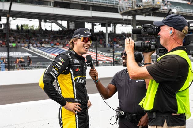 July 25, 2026, Indianapolis, Indiana, USA: CARSON HOCEVAR (77) - Spire Motorsports is interviewed after winning pole position in the 30th running of the NASCAR, Motorsport, USA Cup Series Brickyard 400. Indianapolis USA - ZUMAs355 20260725_zsp_s355_027 Copyright: xJustinxSickingx