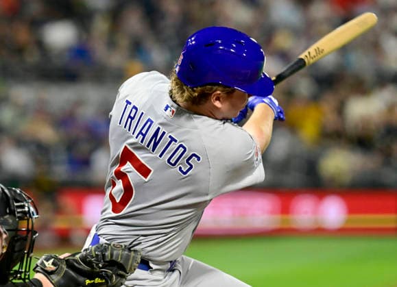 Chicago Cubs second baseman James Triantos (5) makes his Major League debut against the Pittsburgh Pirates and singles to right field during the eight inning of the Cubs 11-0 in the at PNC Park on Saturday, July 25, 2026 in Pittsburgh.  PIT2026072519 ArchiexCarpenter