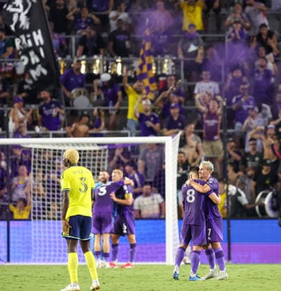 July 25, 2026, Orlando, Florida, USA: Orlando City SC forward ANTOINE GREIZMANN (7) and midfielder BRAIAN OJEDA (8) celebrate after a win against Nashville SC. Orlando City SC hosted Nashville SC at Inter.Co Stadium in Orlando, FL. Orlando USA - ZUMAm299 20260725_znp_m299_018 Copyright: xTaylorxMcFeex