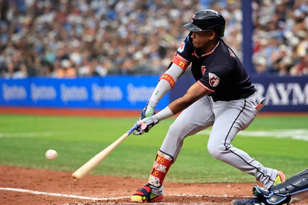 July 25, 2026, St. Petersburg, Florida, USA: Cleveland Guardians right fielder Angel MartoÂ­nez (1) flies out to Tampa Bay Rays right fielder Victor Mesa Jr. (25) during an MLB, Baseball Herren, USA game on July 25, 2026 at Tropicana Field. The Rays beat the Guardians 3-0. St. Petersburg USA - ZUMAh180 20260725_zsp_h180_058 Copyright: xKimxHukarix