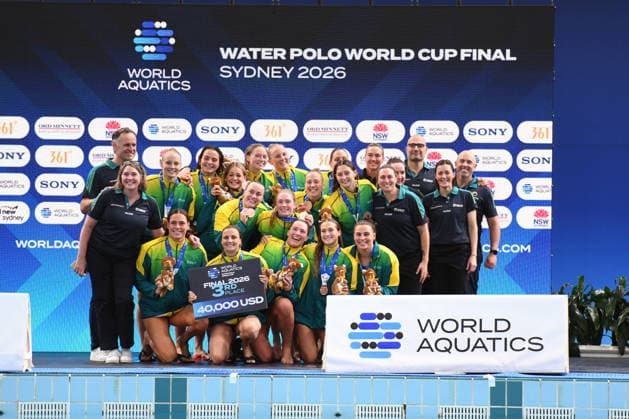July 26, 2026, Sydney, Nsw, Australia: Team Australia celebrate after victory at the Bronze medal match between Australia and Russia during the 2026 World Aquatics Water polo, Wasserball World Cup at Sydney Olympic Park Aquatic Centre on July 26, 2026 in Sydney, Australia Sydney Australia - ZUMAr188 20260726_zip_r188_002 Copyright: xDanishxRavix