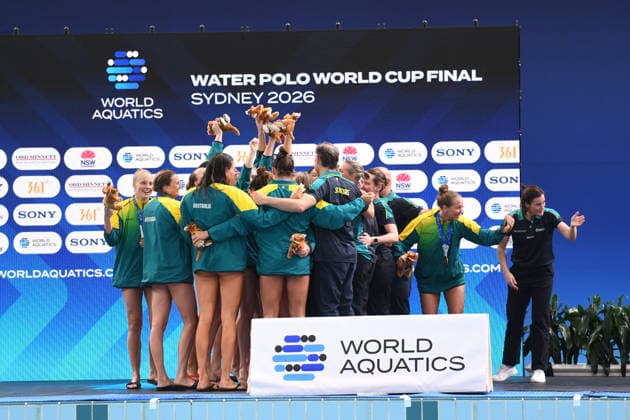 July 26, 2026, Sydney, Nsw, Australia: Australia s team celebrate after defeating Russia to win the bronze medal at the 2026 World Aquatics Water polo, Wasserball World Cup Finals at the Sydney Aquatic Centre in Sydney on July 26, 2026. Sydney Australia - ZUMAr188 20260726_zip_r188_004 Copyright: xDanishxRavix