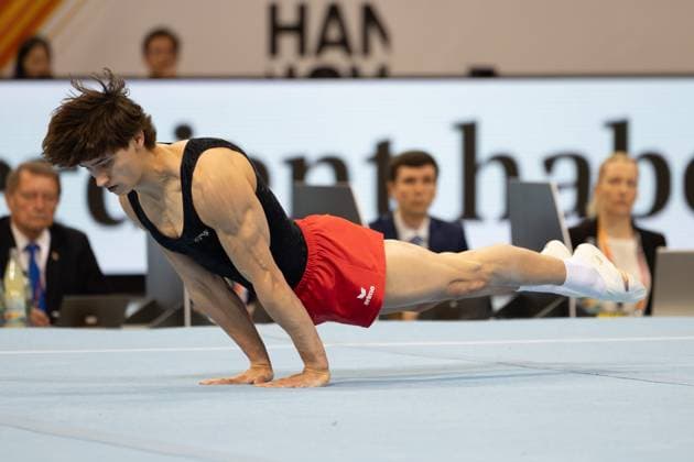DM Finals 2026; Gerätfinals Männer Boden***Timo Eder bei seiner Übungs *** 2026 DM Finals Men s Apparatus Finals – Floor Exercise***Timo Eder performing his routine Copyright: xUdoxHerrmannx