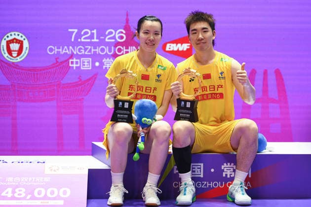 CHANGZHOU, CHINA - JULY 26: Champions Guo Xinwa and Chen Fanghui of China celebrate on the podium during the awarding ceremony after the Mixed Doubles Final match on day 6 of the China Open 2026 at Changzhou Olympic Sports Center Gymnasium on July 26, 2026 in Changzhou, Jiangsu Province of China.  Copyright: xVCGx 111656483111