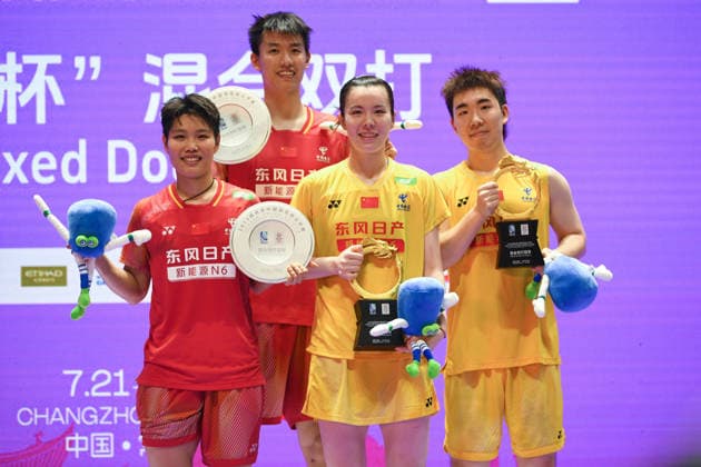 CHANGZHOU, CHINA - JULY 26: Champions Guo Xinwa and Chen Fanghui of China, runners-up Feng Yanzhe and Huang Dongping of China celebrate on the podium during the awarding ceremony after the Mixed Doubles Final match on day 6 of the China Open 2026 at Changzhou Olympic Sports Center Gymnasium on July 26, 2026 in Changzhou, Jiangsu Province of China.  Copyright: xVCGx 111656483109