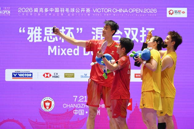 CHANGZHOU, CHINA - JULY 26: Champions Guo Xinwa and Chen Fanghui of China, runners-up Feng Yanzhe and Huang Dongping of China take a selfie on the podium during the awarding ceremony after the Mixed Doubles Final match on day 6 of the China Open 2026 at Changzhou Olympic Sports Center Gymnasium on July 26, 2026 in Changzhou, Jiangsu Province of China.  Copyright: xVCGx 111656483110