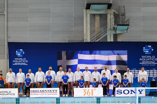 Water polo, Wasserball WORLD CUP, Greece sing the national anthem before the Men™s Gold Medal Water Polo World Cup Final match between Hungary and Greece at Sydney Olympic Park Aquatic Centre in Sydney, Sunday, July 26, 2026. ( NO ARCHIVING, EDITORIAL USE ONLY SYDNEY NEW SOUTH WALES AUSTRALIA  Copyright: xSTEVENxMARKHAMx 20260726138756950760