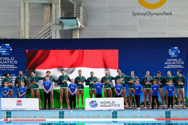 Water polo, Wasserball WORLD CUP, Hungary sing the national anthem before the Men™s Gold Medal Water Polo World Cup Final match between Hungary and Greece at Sydney Olympic Park Aquatic Centre in Sydney, Sunday, July 26, 2026. ( NO ARCHIVING, EDITORIAL USE ONLY SYDNEY NEW SOUTH WALES AUSTRALIA  Copyright: xSTEVENxMARKHAMx 20260726140408203508