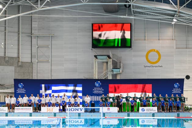 Water polo, Wasserball WORLD CUP, Greece and Hungary sing the national anthems before the Men™s Gold Medal Water Polo World Cup Final match between Hungary and Greece at Sydney Olympic Park Aquatic Centre in Sydney, Sunday, July 26, 2026. ( NO ARCHIVING, EDITORIAL USE ONLY SYDNEY NEW SOUTH WALES AUSTRALIA  Copyright: xSTEVENxMARKHAMx 20260726167542606770