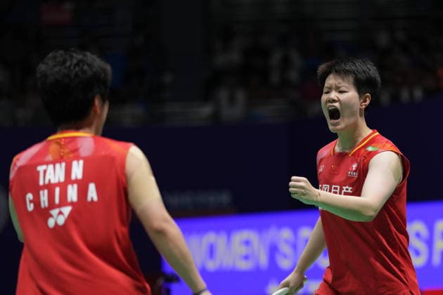 (260726) -- CHANGZHOU, July 26, 2026 -- Liu Shengshu (R) Tan Ning celebrate scoring during the women s doubles final match between Liu Shengshu Tan Ning of China and Fukushima Yuki Matsumoto Mayu of Japan at the 2026 China Open badminton tournament in Changzhou, east China s Jiangsu Province, July 26, 2026. ) (SP)CHINA-CHANGZHOU-BADMINTON-CHINA OPEN-WOMEN S DOUBLES-FINAL (CN) SunxFei 