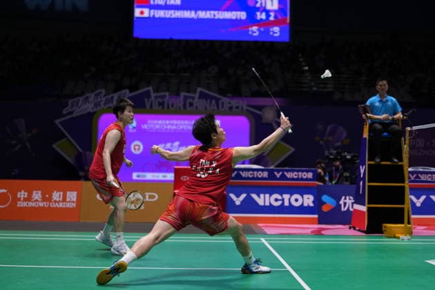 (260726) -- CHANGZHOU, July 26, 2026 -- Liu Shengshu Tan Ning (front) compete during the women s doubles final match between Liu Shengshu Tan Ning of China and Fukushima Yuki Matsumoto Mayu of Japan at the 2026 China Open badminton tournament in Changzhou, east China s Jiangsu Province, July 26, 2026. ) (SP)CHINA-CHANGZHOU-BADMINTON-CHINA OPEN-WOMEN S DOUBLES-FINAL (CN) LixBo 