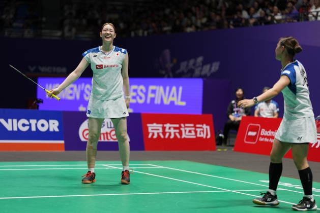 (260726) -- CHANGZHOU, July 26, 2026 -- Fukushima Yuki Matsumoto Mayu (L) react during the women s doubles final match between Liu Shengshu Tan Ning of China and Fukushima Yuki Matsumoto Mayu of Japan at the 2026 China Open badminton tournament in Changzhou, east China s Jiangsu Province, July 26, 2026. ) (SP)CHINA-CHANGZHOU-BADMINTON-CHINA OPEN-WOMEN S DOUBLES-FINAL (CN) SunxFei 