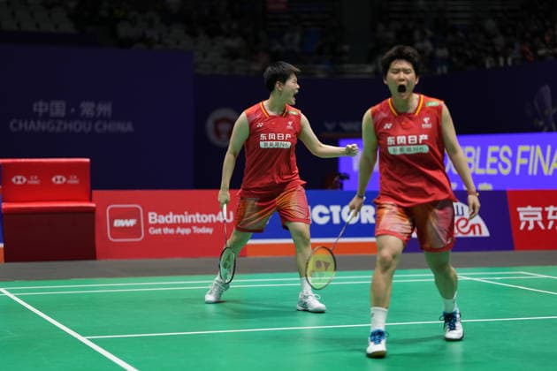 (260726) -- CHANGZHOU, July 26, 2026 -- Liu Shengshu (L) Tan Ning celebrate scoring during the women s doubles final match between Liu Shengshu Tan Ning of China and Fukushima Yuki Matsumoto Mayu of Japan at the 2026 China Open badminton tournament in Changzhou, east China s Jiangsu Province, July 26, 2026. ) (SP)CHINA-CHANGZHOU-BADMINTON-CHINA OPEN-WOMEN S DOUBLES-FINAL (CN) SunxFei 