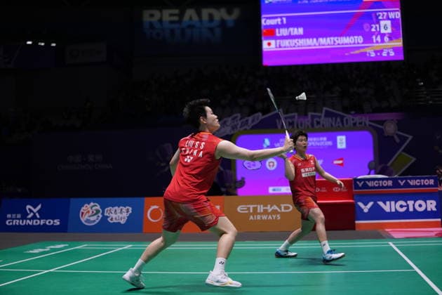 (260726) -- CHANGZHOU, July 26, 2026 -- Liu Shengshu (L) Tan Ning compete during the women s doubles final match between Liu Shengshu Tan Ning of China and Fukushima Yuki Matsumoto Mayu of Japan at the 2026 China Open badminton tournament in Changzhou, east China s Jiangsu Province, July 26, 2026. ) (SP)CHINA-CHANGZHOU-BADMINTON-CHINA OPEN-WOMEN S DOUBLES-FINAL (CN) LixBo 