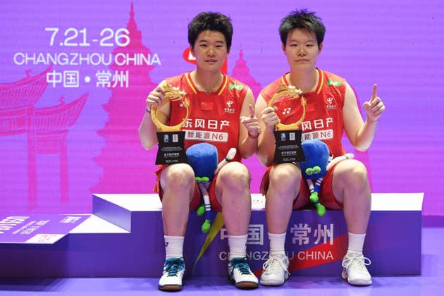 CHANGZHOU, CHINA - JULY 26: Champions Liu Shengshu and Tan Ning of China celebrate on the podium during the awarding ceremony after the Women s Doubles Final match on day 6 of the China Open 2026 at Changzhou Olympic Sports Center Gymnasium on July 26, 2026 in Changzhou, Jiangsu Province of China.  Copyright: xVCGx 111656488397